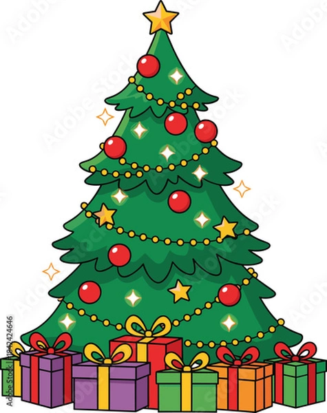 Fototapeta Decorated Christmas Tree with Colorful Gift Boxes and Shiny Ornaments Flat Vector
