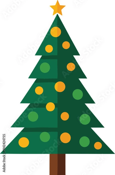Fototapeta Decorated Christmas Tree with Star and Yellow Green Ornaments – Isolated on Transparent Background Flat Holiday Vector