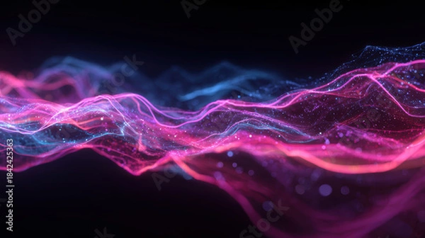 Fototapeta Abstract neon wave visualization with glowing pink and blue particles against a dark background