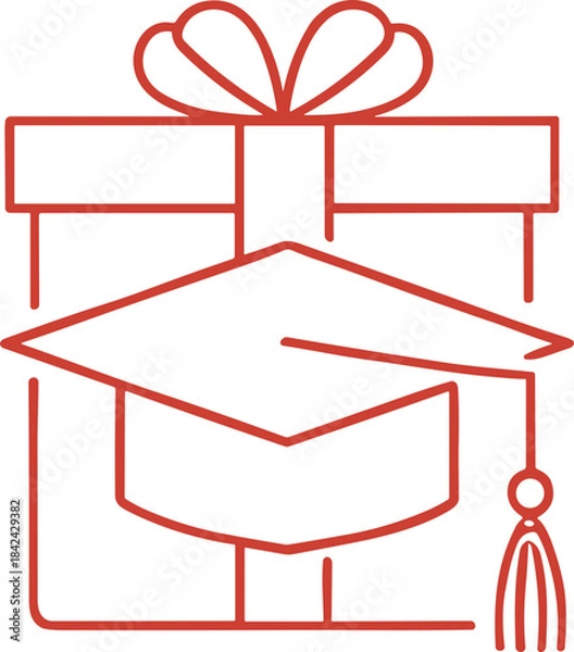 Fototapeta Graduation Gift Box with Cap Icon – Isolated on Transparent Background Red Outline Vector Illustration