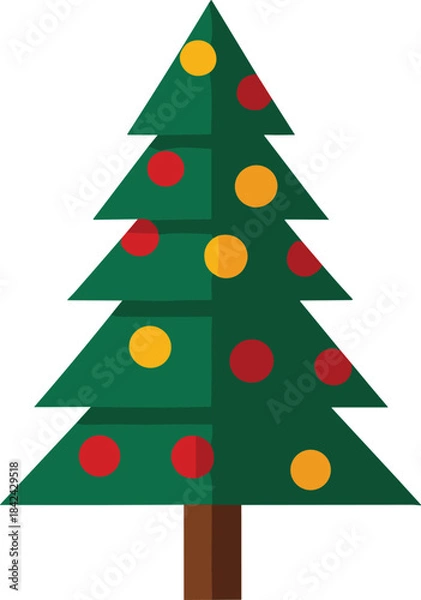 Fototapeta Decorated Green Christmas Tree with Red and Yellow Ornaments – Isolated on Transparent Background Flat Holiday Vector