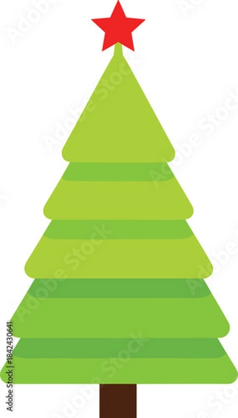 Fototapeta Layered Christmas Tree Vector Graphic with Red Star Topper Simple Flat Design Holiday Season Icon.