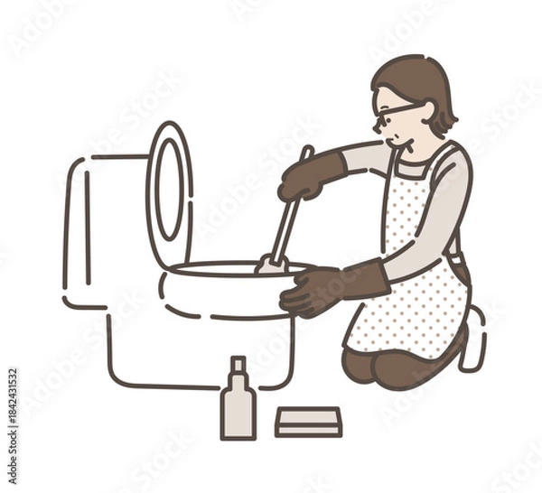 Fototapeta トイレ掃除をする40代女性のイラスト