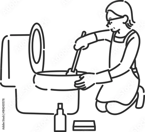 Fototapeta トイレ掃除をする40代女性のイラスト　線画のみ