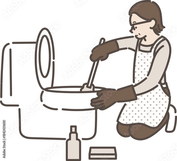 Fototapeta トイレ掃除をする40代女性のイラスト