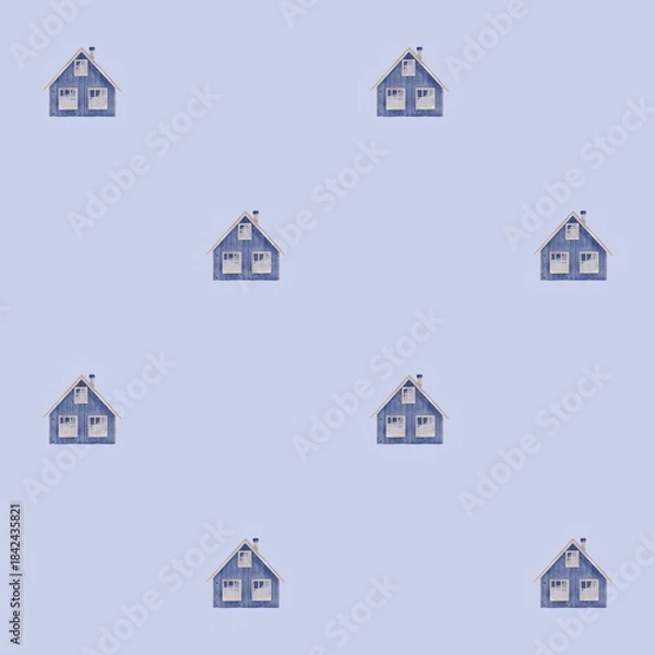 Fototapeta Winter Nordic Village Seamless Pattern – Watercolor Houses Background