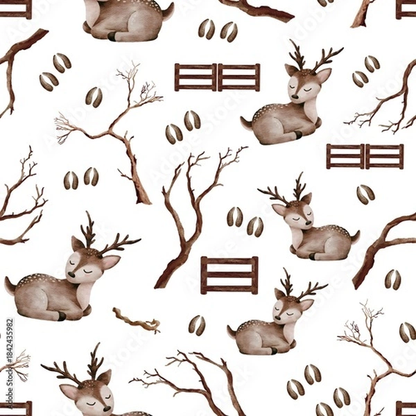 Fototapeta Winter Seamless Pattern – Digital Watercolor  Deer and Branches