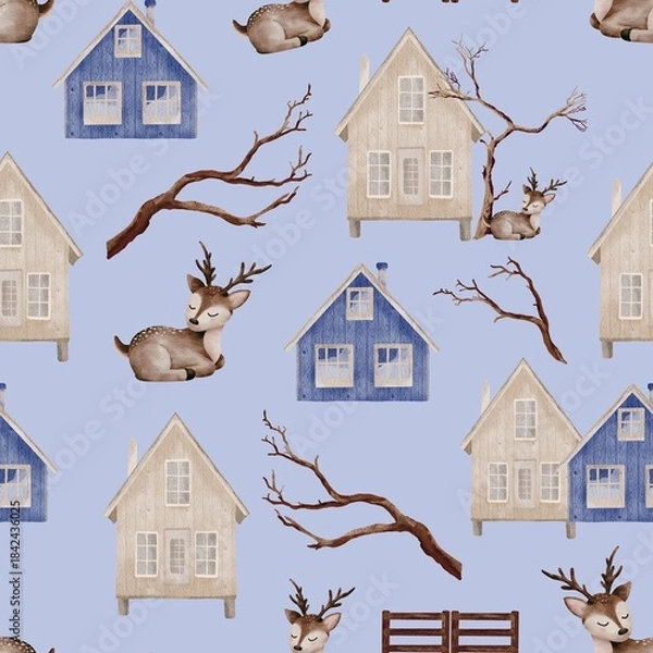 Fototapeta Winter Scandinavian Houses Seamless Pattern – Digital Watercolor Village Design, Deer 