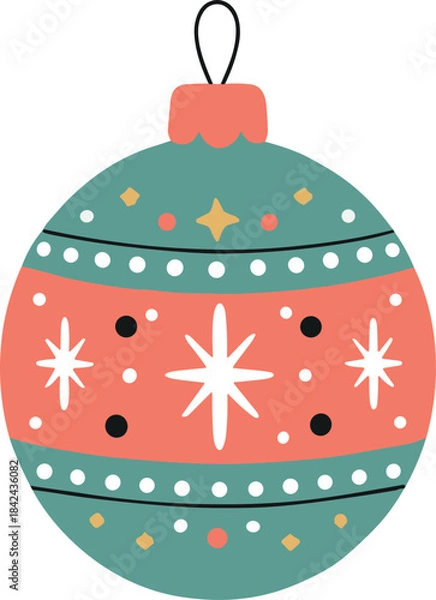 Fototapeta Patterned Christmas Bauble Ornament with Snowflake and Dots Isolated on Transparent Background Flat Vector