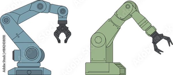 Fototapeta Vector illustration of two industrial robotic arms, automation, manufacturing, and factory technology equipment