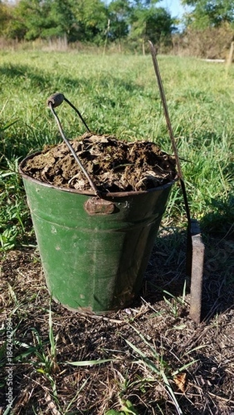 Obraz Bucket of Horse Manure on Grass Field for Organic Farming and Fertilizer Use — Space for Text