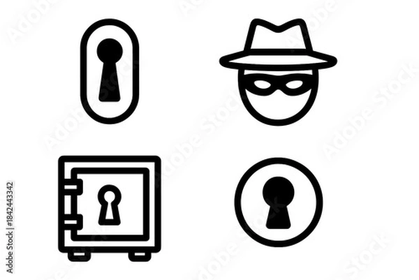 Fototapeta Security concepts illustrated with icons representing a burglar, a safe, and keyholes for crime prevention awareness