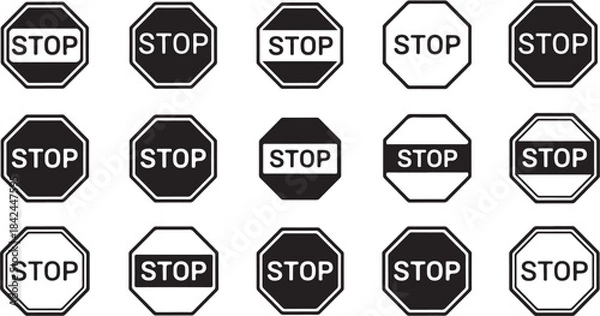 Obraz Black and white stop signs in various styles on white background Keywords: stop sign, stop, black, white, octagon, symbol, traffic, warning