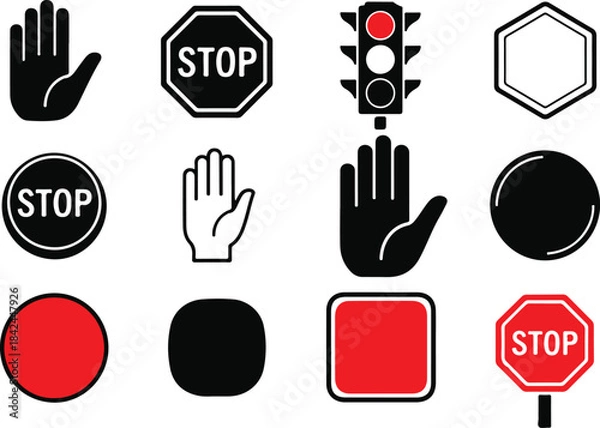 Fototapeta Collection of traffic and hand signal icons in black and white and red stop sign traffic light