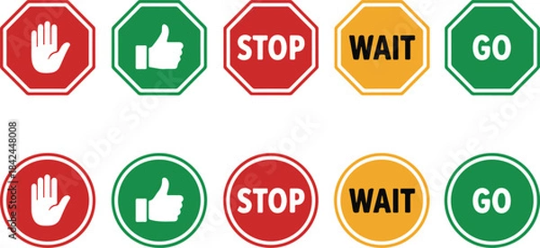Fototapeta Collection of traffic signal icons with stop, wait, go and hand symbols thumb up