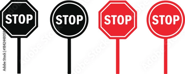 Fototapeta Four Stop Signs Black and Red Octagonal and Circular Shapes traffic sign road sign