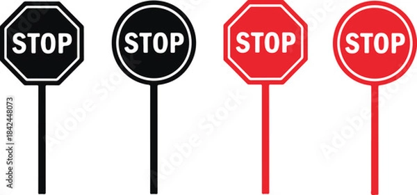 Obraz Four Stop Signs Black and Red Octagonal and Circular Shapes traffic sign