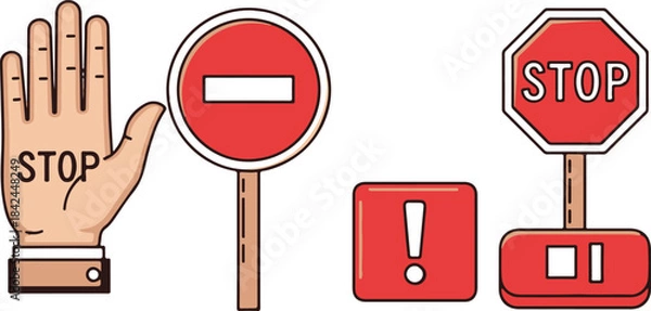 Obraz Hand with stop sign, prohibition sign, exclamation mark and stop sign on pole traffic