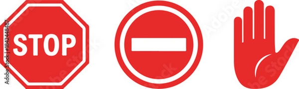 Fototapeta Red octagonal stop sign, circular prohibition sign, and red hand symbol white