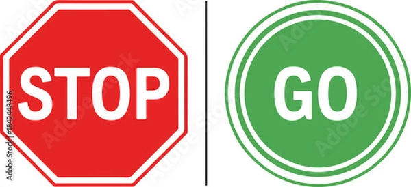 Obraz Red stop sign and green go sign on white background Keywords: stop sign, go sign, red sign, green sign, octagonal sign, circular sign, traffic