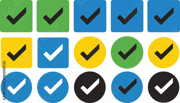 Fototapeta Set of Check Mark Icons in Squares and Circles with Different Colors Keywords: check mark, tick, check, yes, correct, approved, done, completed