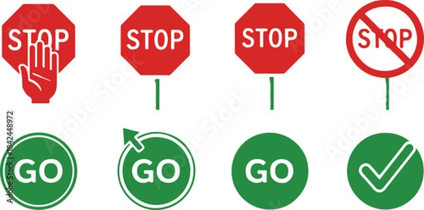 Obraz Stop and go traffic signs and symbols on white background Keywords: stop, go, sign, traffic, symbol, red, green, octagon, circle, arrow, check