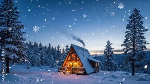 Fototapeta Cozy wooden cabin nestled in a snowy forest at dusk with warm light glowing from windows and snowflakes falling evoking winter holidays and peaceful retreat