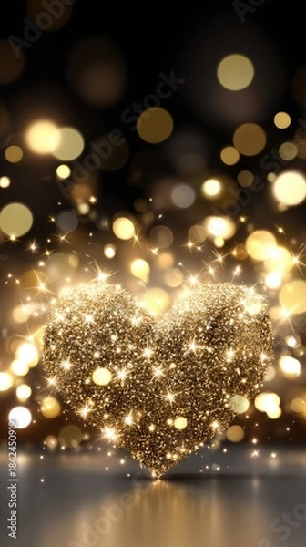 Fototapeta Golden glitter heart shines on a black background with light particles surrounding the design at night