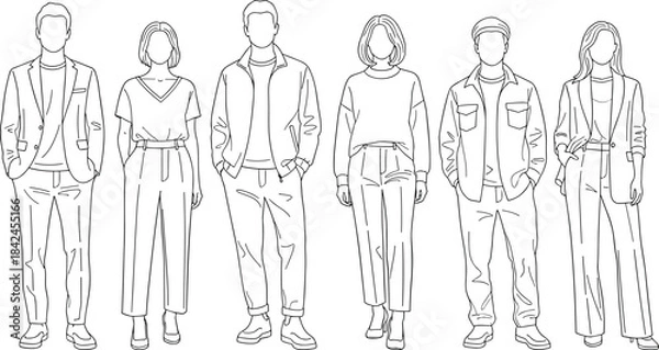 Fototapeta Six faceless figures in casual and business casual attire standing in a line drawing