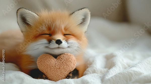 Fototapeta Baby red fox cub sweetly embracing a plush heart, resting comfortably on a soft white blanket with closed eyes and a content smile, embodying love, warmth, and peaceful dreams