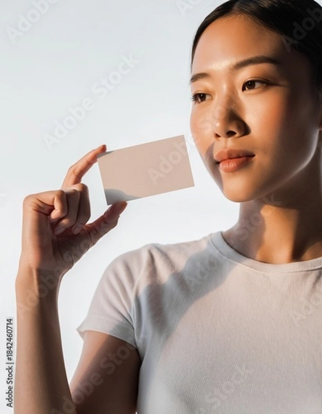 Obraz Beautiful Asian Woman Holding Blank Business Card Mockup