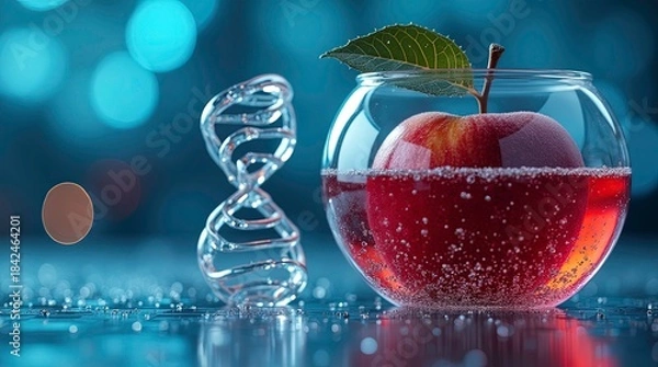 Fototapeta Macro fantasy-science composition featuring a red apple enclosed inside a spherical glass container filled with effervescent red sparkling bubbles a transparent glass DNA double-helix sculpture.