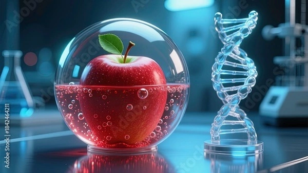 Fototapeta Macro fantasy-science composition featuring a red apple enclosed inside a spherical glass container filled with effervescent red sparkling bubbles a transparent glass DNA double-helix sculpture.