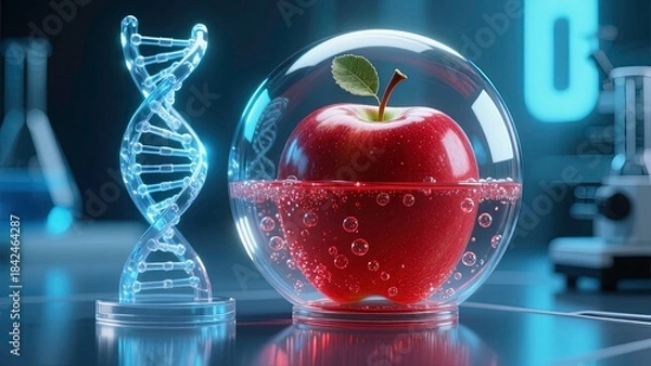 Fototapeta Macro fantasy-science composition featuring a red apple enclosed inside a spherical glass container filled with effervescent red sparkling bubbles a transparent glass DNA double-helix sculpture.
