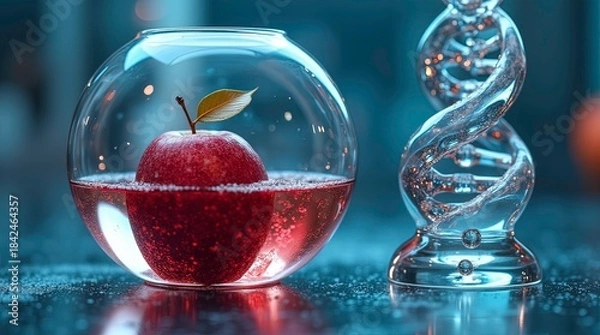 Fototapeta Macro fantasy-science composition featuring a red apple enclosed inside a spherical glass container filled with effervescent red sparkling bubbles a transparent glass DNA double-helix sculpture.