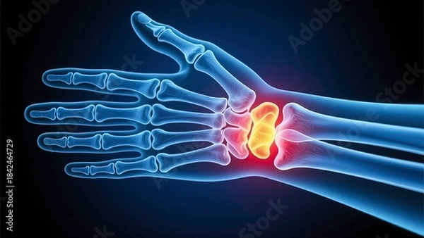 Fototapeta Medical illustration of a human hand x-ray highlighting joint pain or inflammation, is shown in translucent blue tones, with a glowing red area at the wrist joint representing pain or arthritis.