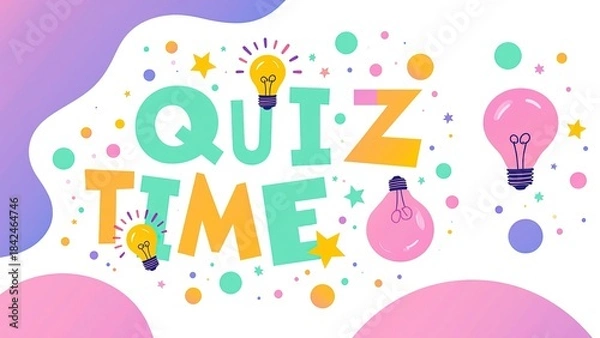 Fototapeta Minimalist colorful quiz time text design on a clean white background with soft pastel gradient edges in blue and pink in a different bright, sharp color.