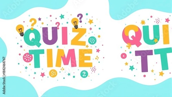 Fototapeta Minimalist colorful quiz time text design on a clean white background with soft pastel gradient edges in blue and pink in a different bright, sharp color.