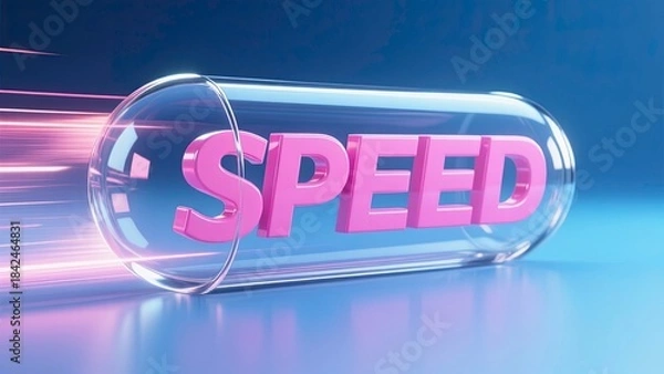 Fototapeta The word speed in bold 3d pink letters encased in a glossy transparent glass capsule, dynamic streak effects trail from the left side, giving the impression of extreme velocity and energy.