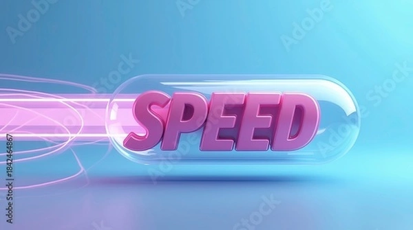 Fototapeta The word speed in bold 3d pink letters encased in a glossy transparent glass capsule, dynamic streak effects trail from the left side, giving the impression of extreme velocity and energy.