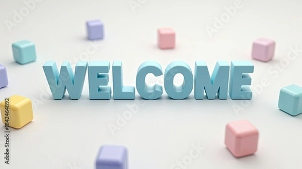 Fototapeta The word welcome written in bold 3d letters with smooth blue and white gradient colors, centered surrounding by plastic toy blocks and cubes in various pastel shades arranged in a playful.