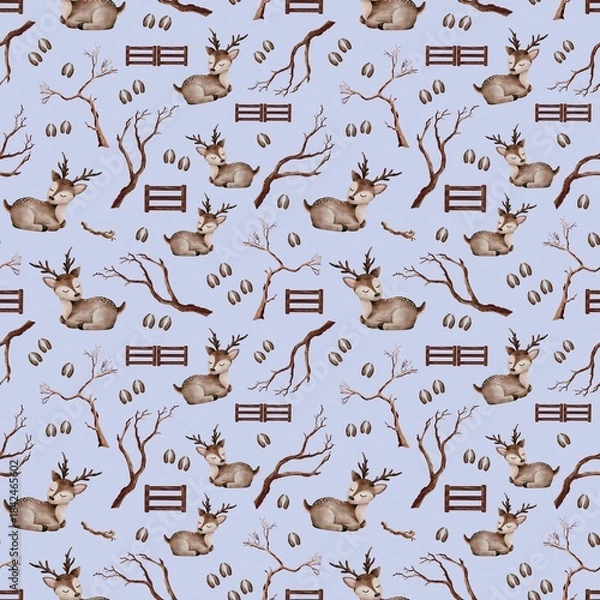 Fototapeta Winter Seamless Pattern – Digital Watercolor  Deer and Branches