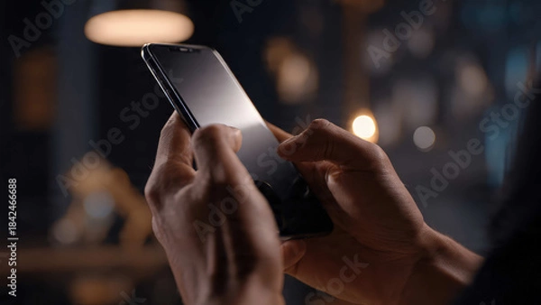 Obraz Hands gripping a mobile phone in a close-up shot, lit naturally with a gentle background blur, showing modern communication, digital habits, and daily smartphone interaction.