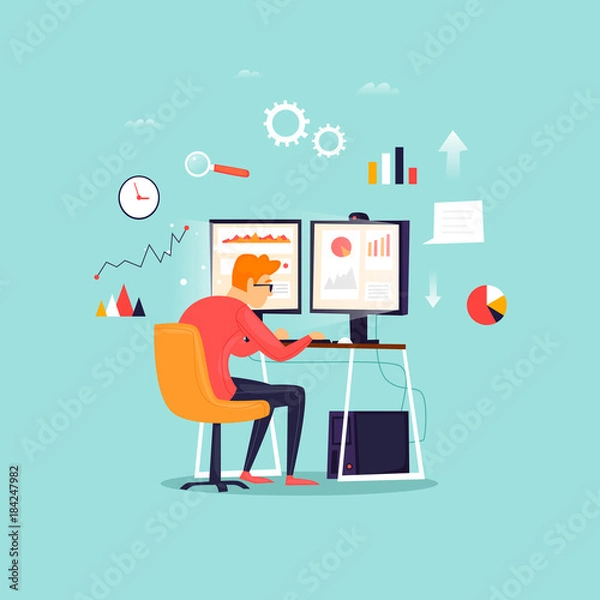 Fototapeta Data analysis, businessman working at computer, office, workplace. Flat design vector illustration.