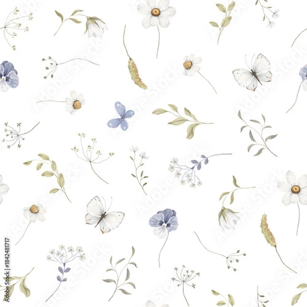 Obraz Watercolor seamless pattern with delicate white and blue flowers, butterflies and green plants. Isolated hand drawn illustration for textile, background or cute wallpapers, tendre spring print.