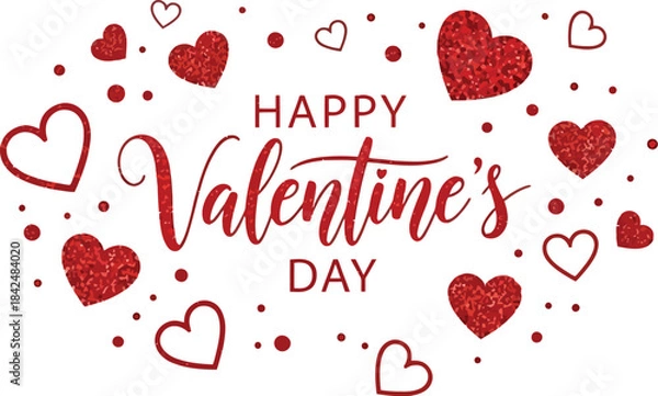 Fototapeta Happy Valentine's Day Greeting with Glitter Red Hearts and Confetti on White Background