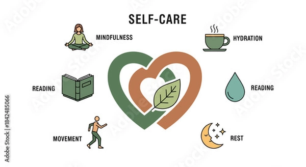 Fototapeta Self Care Heart Infographic with Icons Representing Mindfulness Hydration Reading Movement Rest and Healing.