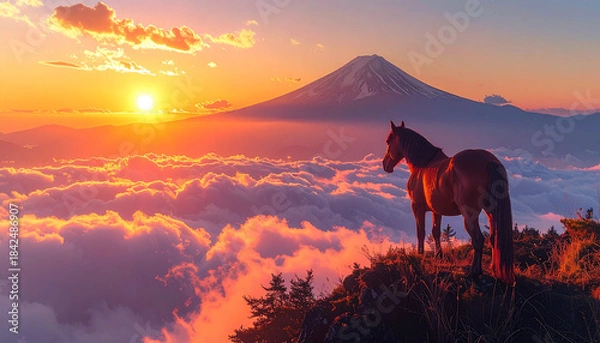 Obraz 富士山の日の出と馬のシルエット,午年イメージ,　AI生成画像