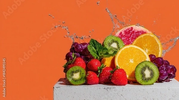 Obraz Fruit splash with citrus, berries, kiwi on orange background