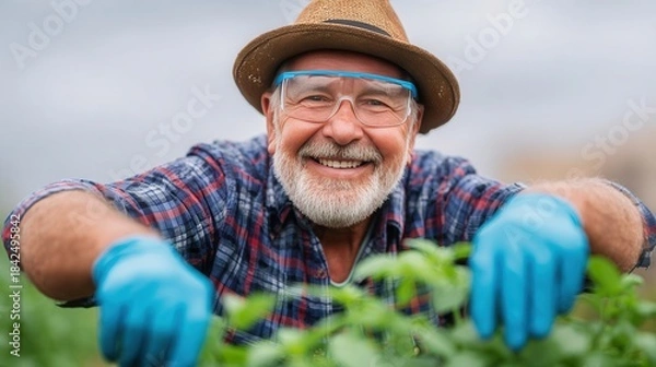 Obraz Happy senior gardener harvesting plants